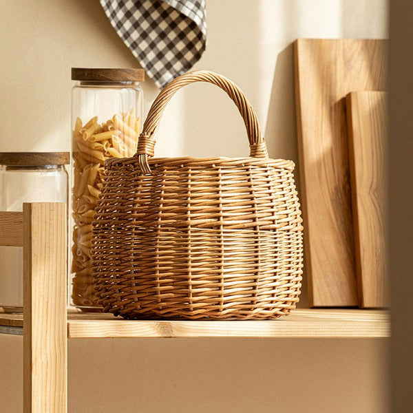 Storage Basket for Kitchen, Picnic Storage Basket with Handle, Hand-woven Wicker Storage Basket, Natural Fruit Basket, Willow Weaving Baskets for Vegetable-Grace Painting Crafts