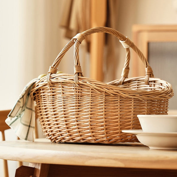 Large Kitchen Storage Baskets, Picnic Storage Basket with Handle, Hand-woven Wicker Storage Basket, Willow Weaving Baskets for Vegetable, Natural Fruit Basket-Grace Painting Crafts