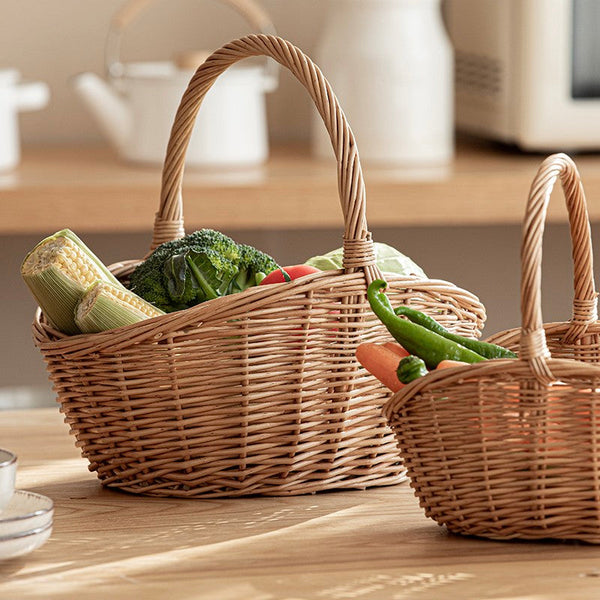 Natural Hand-woven Wicker Storage Basket, Large Picnic Food Basket with Handle, Lovely Willow Weaving Baskets for Vegetable, Natural Fruit Basket, Kitchen Storage Baskets-Grace Painting Crafts