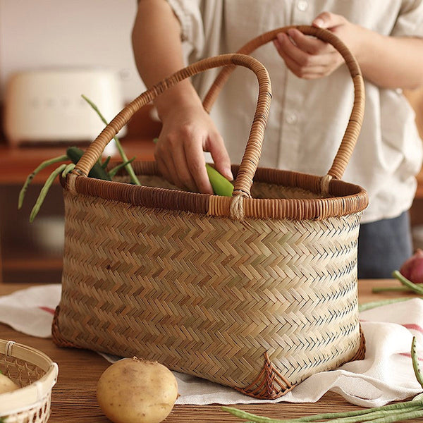 Storage Basket with Handle, Large Kitchen Storage Baskets, Natural Hand-woven Bamboo Storage Basket, Lovely Bamboo Weaving Baskets for Vegetable, Picnic Fruit Storage Baskets-Grace Painting Crafts