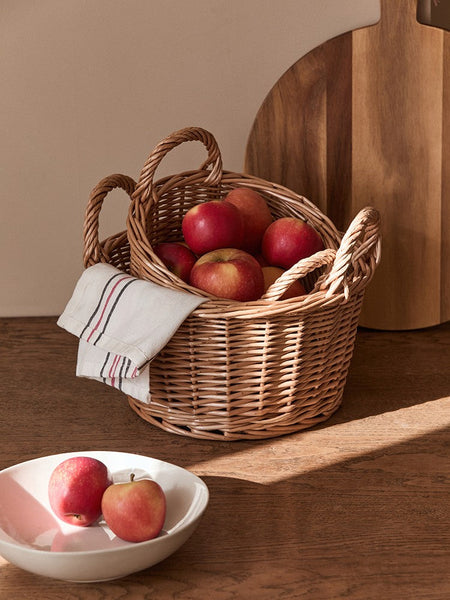Large Picnic Fruit Basket with Handle, Natural Hand-woven Wicker Round Storage Basket, Lovely Willow Weaving Baskets for Vegetable, Natural Fruit Storage Basket, Kitchen Storage Baskets-Grace Painting Crafts