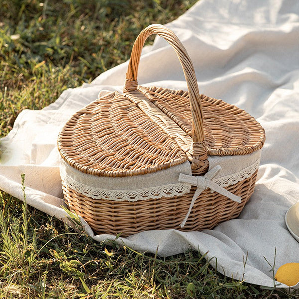 Picnic Storage Basket with Handle, Extra Large Kitchen Storage Baskets, Natural Hand-woven Wicker Storage Basket, Lovely Willow Weaving Baskets for Vegetable, Natural Fruit Storage Baskets-Grace Painting Crafts
