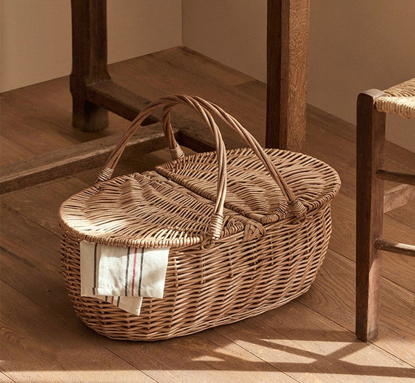 Extra Large Picnic Food Basket with Handle, Kitchen Storage Baskets, Natural Hand-woven Wicker Storage Basket, Lovely Willow Weaving Baskets for Vegetable, Natural Fruit Basket-Grace Painting Crafts