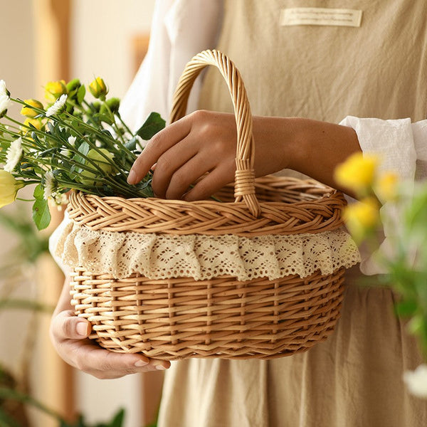 Storage Basket for Shelves, Picnic Storage Basket with Handle, Hand-woven Wicker Storage Basket, Natural Fruit Basket, Willow Weaving Baskets for Kitchen-Grace Painting Crafts