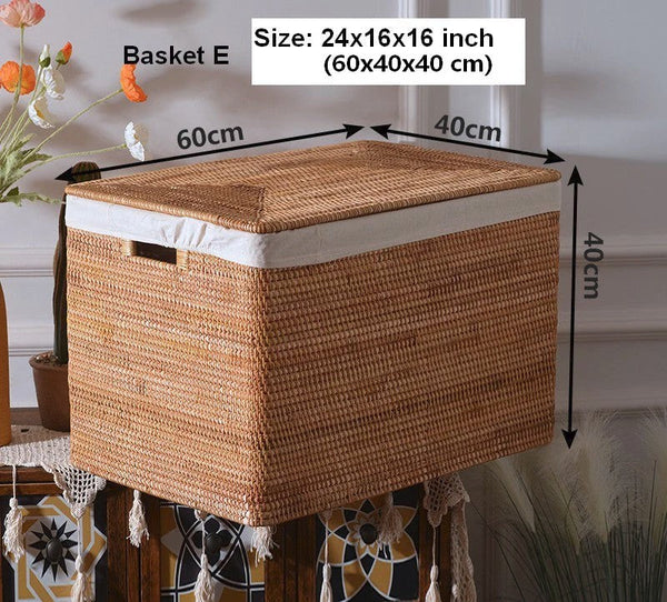 Oversized Storage Baskets for Bedroom, Rectangular Woven Storage Baskets for Clothes, Large Rectangular Storage Basket with Lid, Rattan Storage Case-Grace Painting Crafts