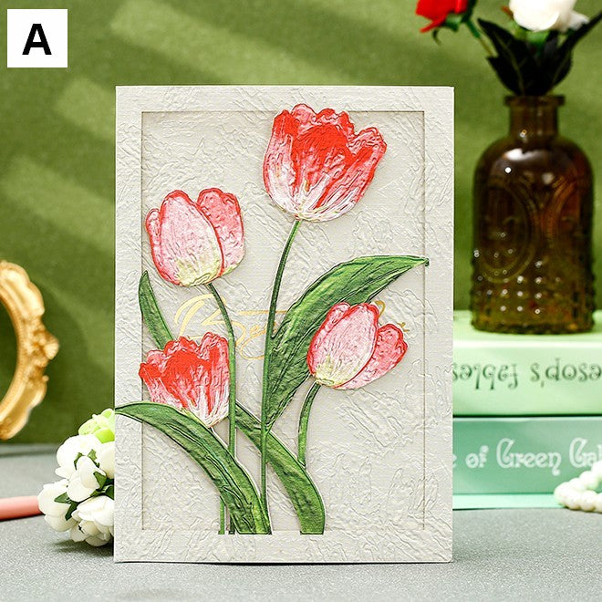 Tulip Flower Greeting Cards, Creative Birthday Greeting Card, Beautiful Greeting Cards to Friends, Original Handmade Greeting Cards-Grace Painting Crafts