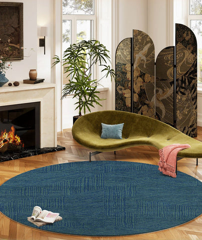 Geometric Round Rugs for Dining Room, Blue Contemporary Modern Rugs, Mid Century Round Modern Rugs under Chairs, Bedroom Abstract Modern Area Rugs-Grace Painting Crafts