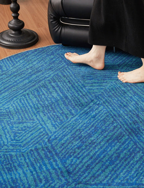 Geometric Round Rugs for Dining Room, Blue Contemporary Modern Rugs, Mid Century Round Modern Rugs under Chairs, Bedroom Abstract Modern Area Rugs-Grace Painting Crafts