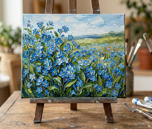 Impasto Painting, Sunlit Forget-me-not Fields, Small Canvas Artwork for Sale, Original Canvas Paintings, Heavy Texture Paintings on Canvas, Buy Paintings Online-Grace Painting Crafts