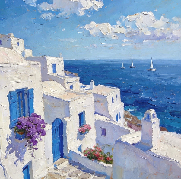 Original Oil Paintings, Azure Waves and White Washes, Aegean Blue Sea, Small Landscape Paintings on Canvas, Palette Knife Oil Paintings, Landscape Canvas Paintings, Hand Painted Canvas Art-Grace Painting Crafts