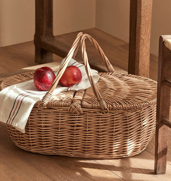 Extra Large Picnic Food Basket with Handle, Kitchen Storage Baskets, Natural Hand-woven Wicker Storage Basket, Lovely Willow Weaving Baskets for Vegetable, Natural Fruit Basket-Grace Painting Crafts