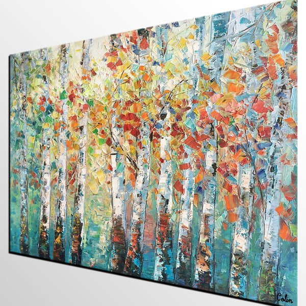 Canvas Art Painting, Large Wall Art, Summer Birch Tree Painting, Custom Extra Large Oil Painting-Grace Painting Crafts