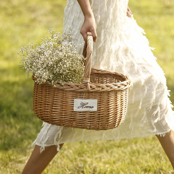 Hand-woven Wicker Storage Basket, Large Picnic Food Basket with Handle, Willow Weaving Baskets for Vegetable, Natural Fruit Basket, Kitchen Storage Baskets-Grace Painting Crafts