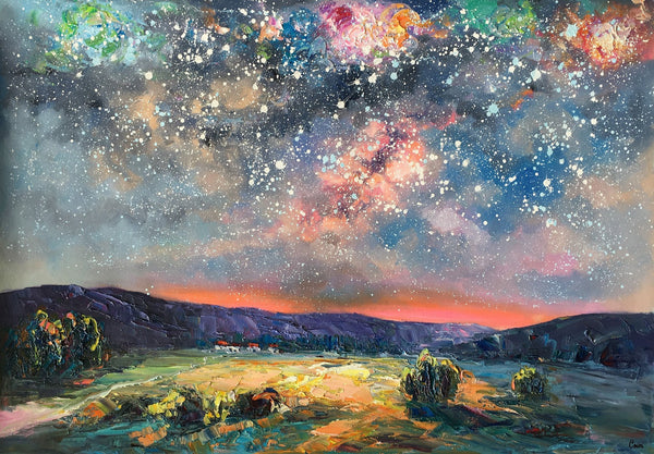 Abstract Landscape Painting, Starry Night Sky Painting, Heavy Texture Painting, Impasto Painting, Custom Wall Art Paintings for Living Room