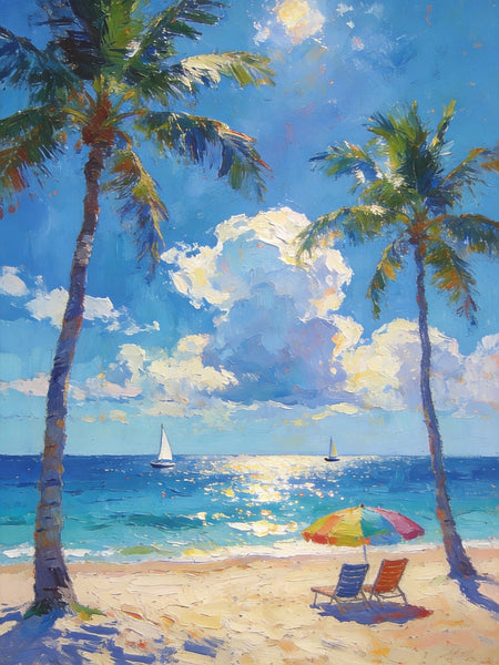 Coastal Serenity Scene, Palm Trees Seashore Paintings, Hand Painted Canvas Wall Art, Original Artwork, Small Oil Paintings, Heavy Texture Artwork, Small Canvas Paintings-Grace Painting Crafts