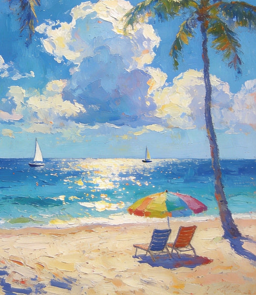 Coastal Serenity Scene, Palm Trees Seashore Paintings, Hand Painted Canvas Wall Art, Original Artwork, Small Oil Paintings, Heavy Texture Artwork, Small Canvas Paintings-Grace Painting Crafts