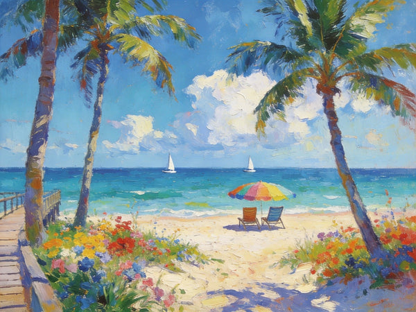 Landscape Paintings for Dining Room, Seaside Bliss with Palms, Small Paintings On Canvas, Hand Painted Canvas Art, Hand Painted Canvas Art, Original Oil Paintings-Grace Painting Crafts