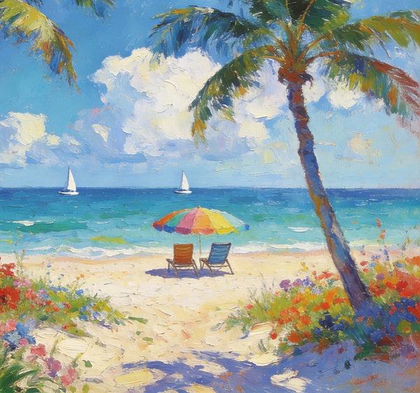 Landscape Paintings for Dining Room, Seaside Bliss with Palms, Small Paintings On Canvas, Hand Painted Canvas Art, Hand Painted Canvas Art, Original Oil Paintings-Grace Painting Crafts