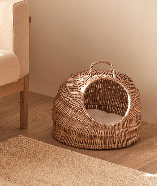 Indoor Cat Bed, Natural Wicker Cat House Basket with Washable Cushion for Indoor Cats and Dogs-Grace Painting Crafts