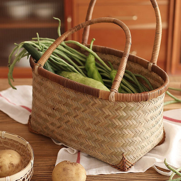 Storage Basket with Handle, Large Kitchen Storage Baskets, Natural Hand-woven Bamboo Storage Basket, Lovely Bamboo Weaving Baskets for Vegetable, Picnic Fruit Storage Baskets-Grace Painting Crafts