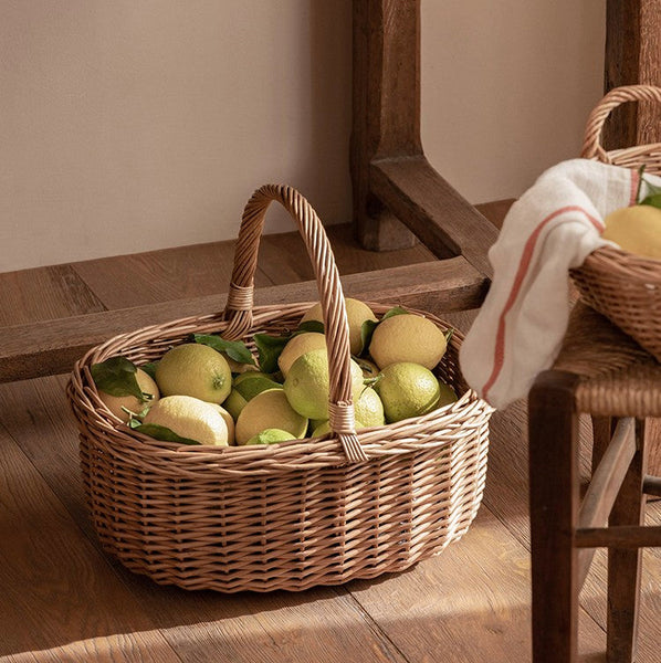 Lovely Willow Weaving Baskets for Vegetable, Large Picnic Food Basket with Handle, Natural Hand-woven Wicker Storage Basket, Natural Fruit Basket, Kitchen Storage Baskets-Grace Painting Crafts