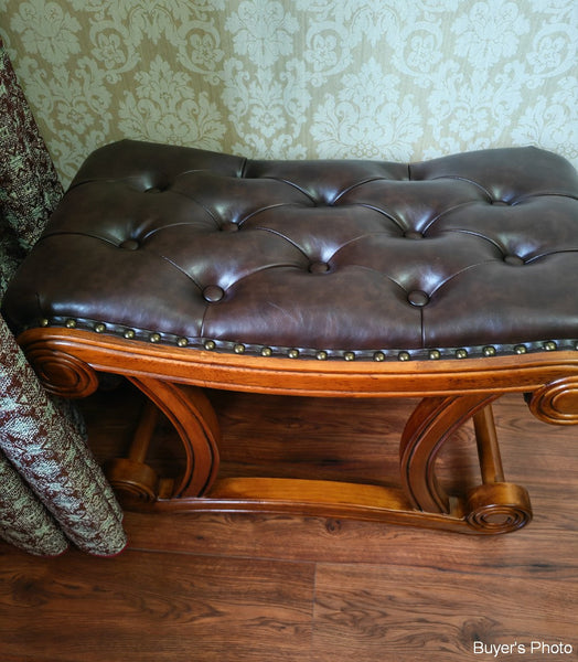 Cherry Wood Footstool, Vintage Leather Stool, Genuine Leather Solid Wood Entry Bench, Long Bench, Vanity Stool, Dressing Table Stool-Grace Painting Crafts