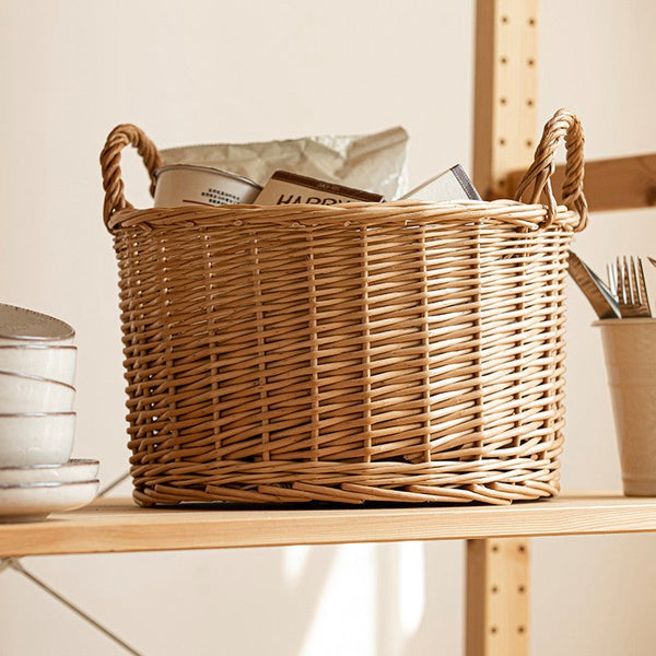 Small Picnic Fruit Basket with Handle, Kitchen Storage Baskets, Natural Hand-woven Wicker Round Storage Basket, Small Willow Weaving Baskets for Vegetable, Natural Fruit Storage Basket-Grace Painting Crafts