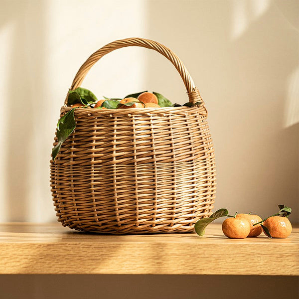 Storage Basket for Kitchen, Picnic Storage Basket with Handle, Hand-woven Wicker Storage Basket, Natural Fruit Basket, Willow Weaving Baskets for Vegetable-Grace Painting Crafts