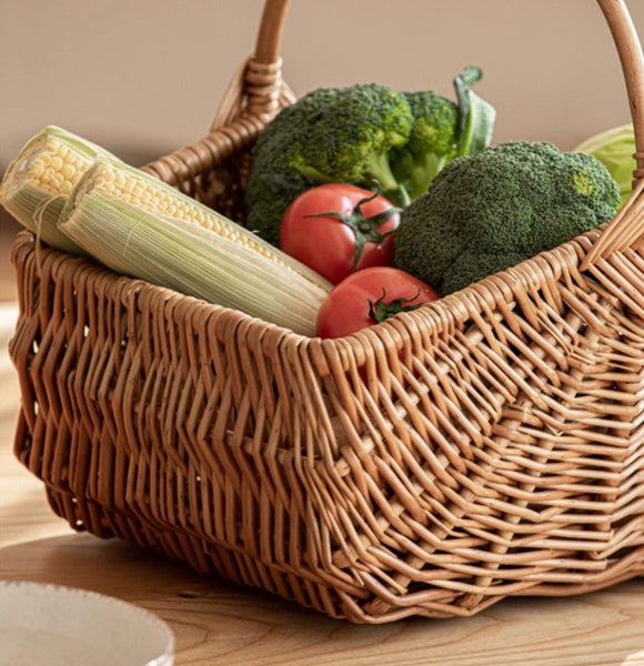 Large Picnic Food Basket with Handle, Natural Hand-woven Wicker Storage Basket, Lovely Willow Weaving Baskets for Vegetable, Natural Fruit Basket, Kitchen Storage Baskets-Grace Painting Crafts