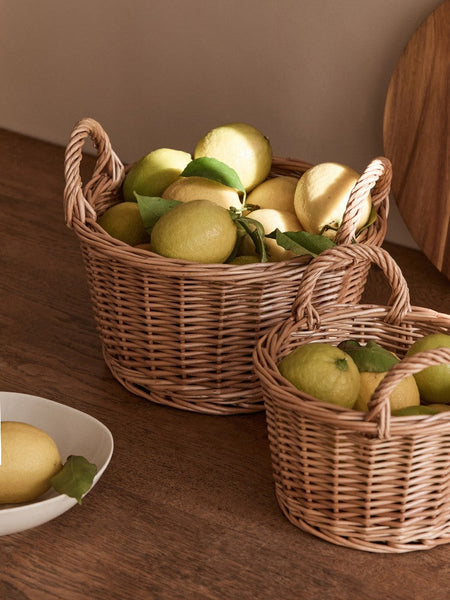 Large Picnic Fruit Basket with Handle, Natural Hand-woven Wicker Round Storage Basket, Lovely Willow Weaving Baskets for Vegetable, Natural Fruit Storage Basket, Kitchen Storage Baskets-Grace Painting Crafts