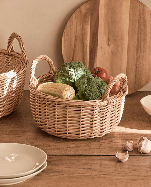 Picnic Fruit Basket with Handle, Kitchen Storage Baskets, Natural Hand-woven Wicker Round Storage Basket, Lovely Willow Weaving Baskets for Vegetable, Natural Fruit Storage Basket-Grace Painting Crafts