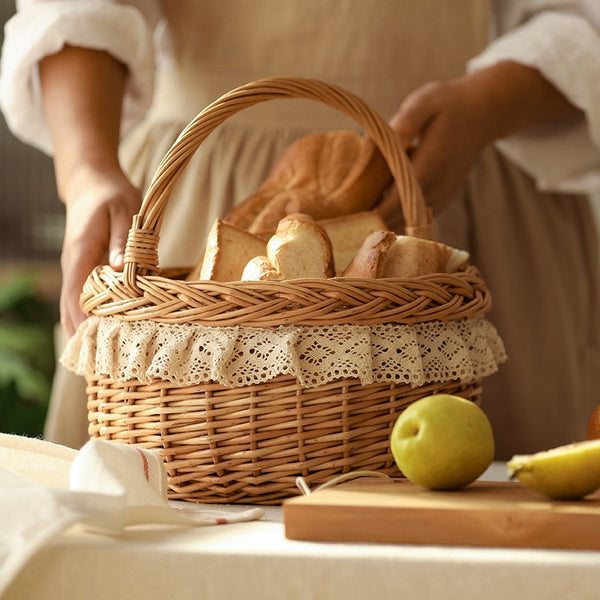 Storage Basket for Shelves, Picnic Storage Basket with Handle, Hand-woven Wicker Storage Basket, Natural Fruit Basket, Willow Weaving Baskets for Kitchen-Grace Painting Crafts
