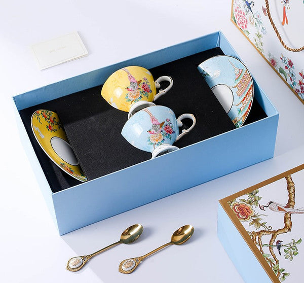 Beautiful Bird Pattern Tea Cups, 8 oz Porcelain Tea Cup Saucer Set of 2 Cups, Elegant Oriental Pheasant Ceramic Cup and Saucer in Gift Box-Grace Painting Crafts