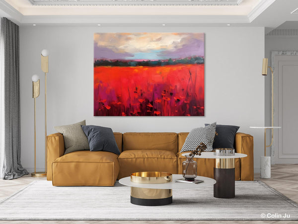 Simple Modern Art, Original Landscape Painting, Landscape Paintings for Living Room, Poppy Filed Canvas Paintings, Large Wall Art Paintings-Grace Painting Crafts
