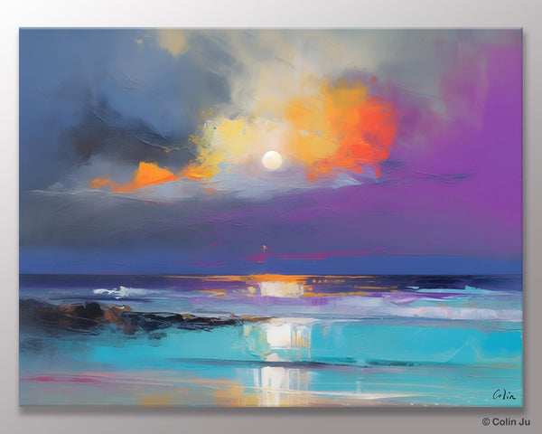 Landscape Painting on Canvas, Hand Painted Canvas Art, Moon Rising from Sea, Contemporary Wall Art Paintings, Extra Large Original Art-Grace Painting Crafts