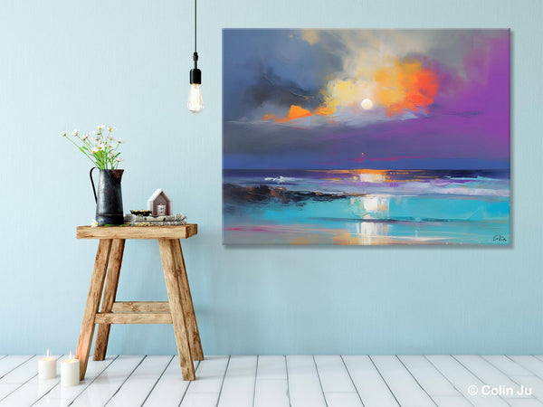 Landscape Painting on Canvas, Hand Painted Canvas Art, Moon Rising from Sea, Contemporary Wall Art Paintings, Extra Large Original Art-Grace Painting Crafts