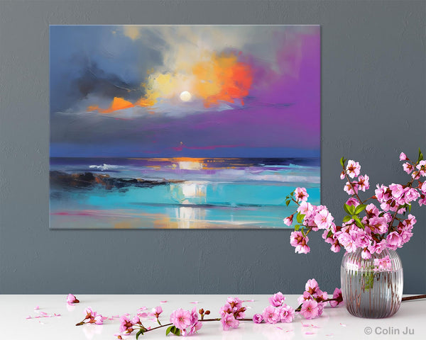 Landscape Painting on Canvas, Hand Painted Canvas Art, Moon Rising from Sea, Contemporary Wall Art Paintings, Extra Large Original Art-Grace Painting Crafts