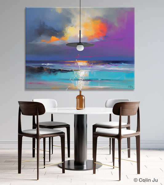 Landscape Painting on Canvas, Hand Painted Canvas Art, Moon Rising from Sea, Contemporary Wall Art Paintings, Extra Large Original Art-Grace Painting Crafts