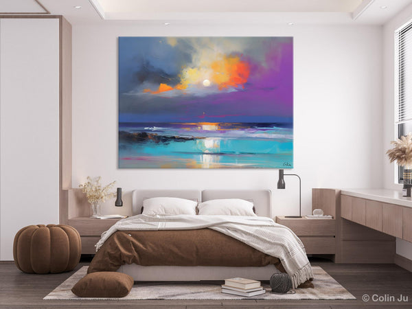 Landscape Painting on Canvas, Hand Painted Canvas Art, Moon Rising from Sea, Contemporary Wall Art Paintings, Extra Large Original Art-Grace Painting Crafts