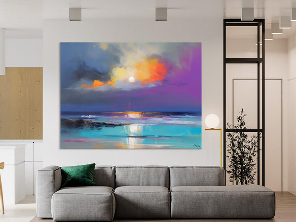Landscape Painting on Canvas, Hand Painted Canvas Art, Moon Rising from Sea, Contemporary Wall Art Paintings, Extra Large Original Art-Grace Painting Crafts