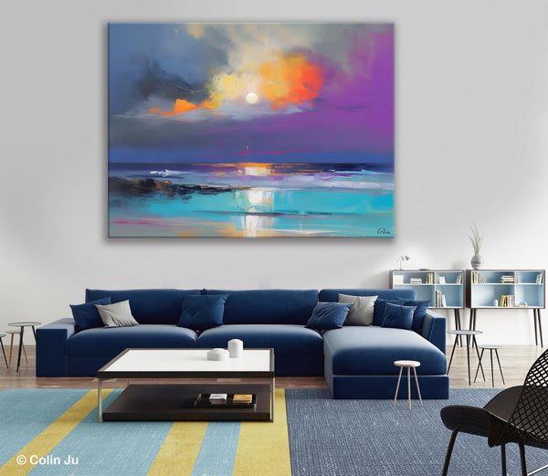 Landscape Painting on Canvas, Hand Painted Canvas Art, Moon Rising from Sea, Contemporary Wall Art Paintings, Extra Large Original Art-Grace Painting Crafts