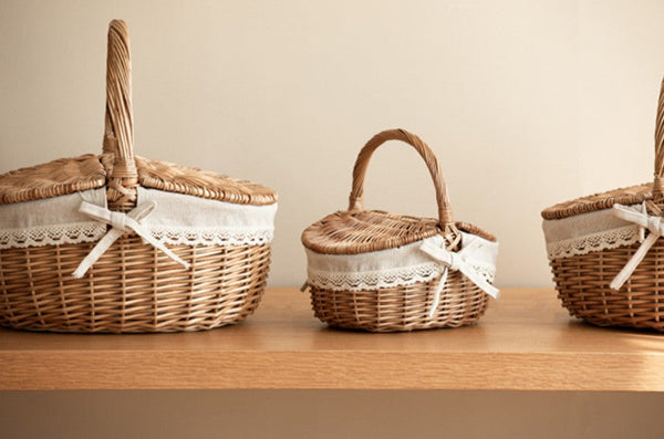 Picnic Storage Basket with Handle, Extra Large Kitchen Storage Baskets, Natural Hand-woven Wicker Storage Basket, Lovely Willow Weaving Baskets for Vegetable, Natural Fruit Storage Baskets-Grace Painting Crafts