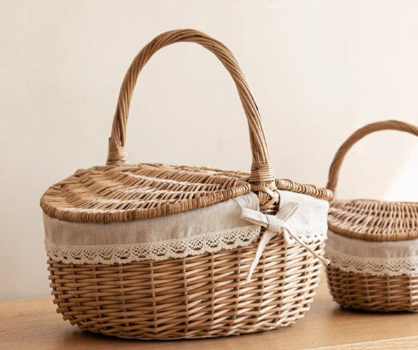 Picnic Storage Basket with Handle, Extra Large Kitchen Storage Baskets, Natural Hand-woven Wicker Storage Basket, Lovely Willow Weaving Baskets for Vegetable, Natural Fruit Storage Baskets-Grace Painting Crafts