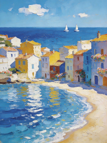 Landscape Paintings for Bedroom, Seaside Hamlet Picturesque View, Hand Painted Canvas Art, Small Oil Paintings, Palette Knife Artwork, Original Canvas Paintings-Grace Painting Crafts