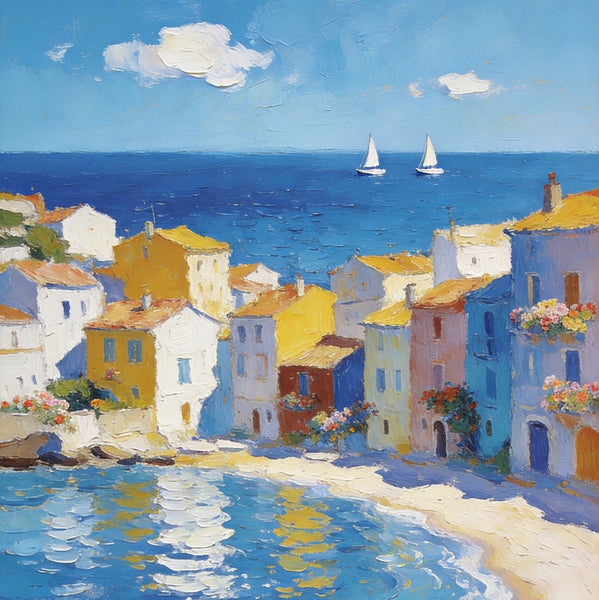 Landscape Paintings for Bedroom, Seaside Hamlet Picturesque View, Hand Painted Canvas Art, Small Oil Paintings, Palette Knife Artwork, Original Canvas Paintings-Grace Painting Crafts