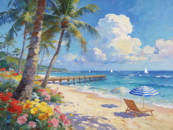 Canvas Paintings for Living Room, Beach with Palm Perfection, Hand Painted Canvas Art, Small Oil Paintings, Small Wall Art Paintings, Original Landscape Paintings-Grace Painting Crafts