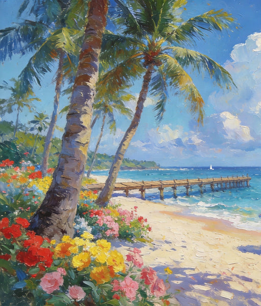 Canvas Paintings for Living Room, Beach with Palm Perfection, Hand Painted Canvas Art, Small Oil Paintings, Small Wall Art Paintings, Original Landscape Paintings-Grace Painting Crafts