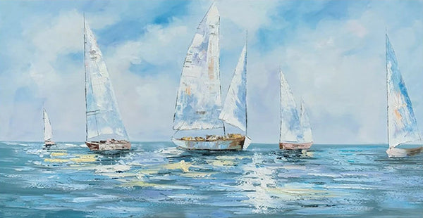 Sail Boat Acrylic Paintings on Canvas, Hand Painted Wall Art Paintings, Contemporary Canvas Artwork, Abstract Wall Art Paintings, Modern Art Paintings for Dining Room-Grace Painting Crafts