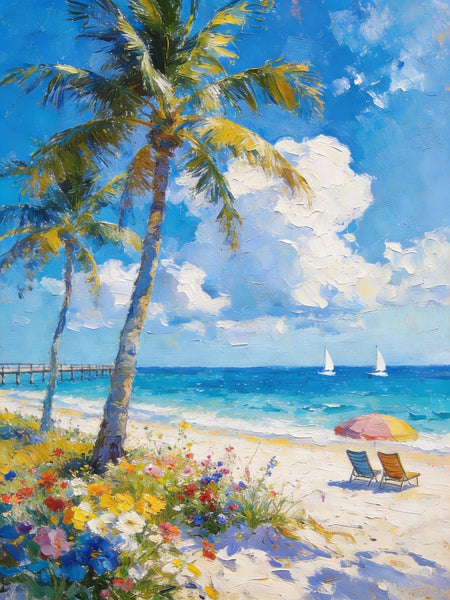 Hand Painted Canvas Wall Art, Tropical Beach Tranquility, Palm Trees Seashore Paintings, Original Oil Paintings, Small Canvas Paintings, Heavy Texture Artwork, Small Canvas Paintings-Grace Painting Crafts