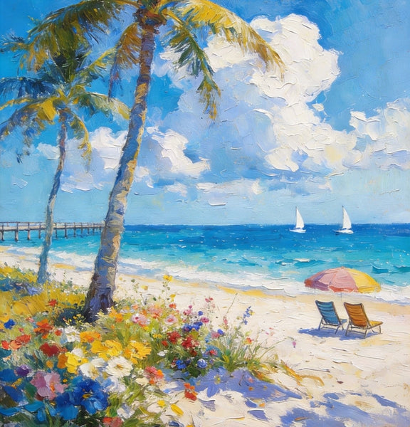 Hand Painted Canvas Wall Art, Tropical Beach Tranquility, Palm Trees Seashore Paintings, Original Oil Paintings, Small Canvas Paintings, Heavy Texture Artwork, Small Canvas Paintings-Grace Painting Crafts